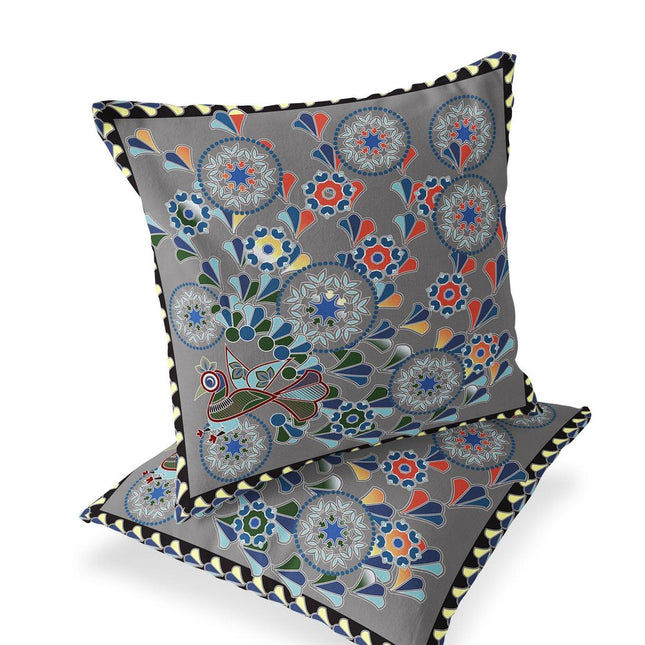 Set of Two Gray And Yellow Peacock Floral Indoor Outdoor Throw Pillow
