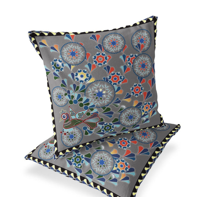 Set of Two Gray And Yellow Peacock Floral Indoor Outdoor Throw Pillow HomeRoots