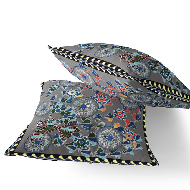 Set of Two Gray And Yellow Peacock Floral Indoor Outdoor Throw Pillow