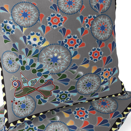 Set of Two Gray And Yellow Peacock Floral Indoor Outdoor Throw Pillow