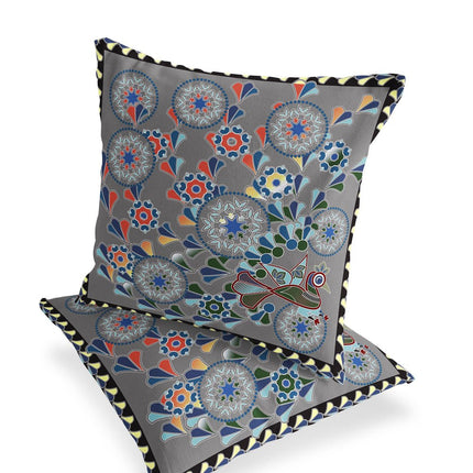 Set of Two Gray And Yellow Peacock Floral Indoor Outdoor Throw Pillow