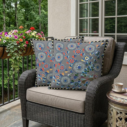 Set of Two Gray And Yellow Peacock Floral Indoor Outdoor Throw Pillow