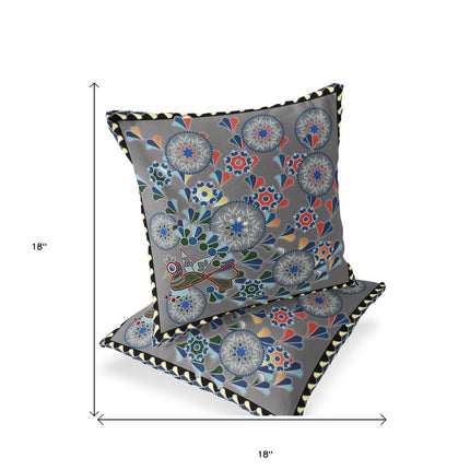Set of Two Gray And Yellow Peacock Floral Indoor Outdoor Throw Pillow