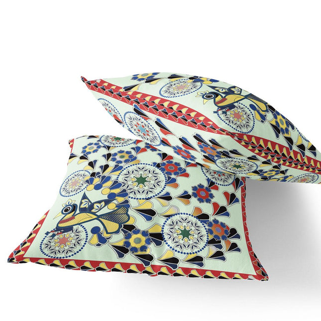 Set of Two Light Green Blue And Red Peacock Floral Indoor Outdoor Throw Pillow