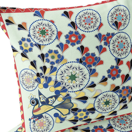 Set of Two Light Green Blue And Red Peacock Floral Indoor Outdoor Throw Pillow HomeRoots