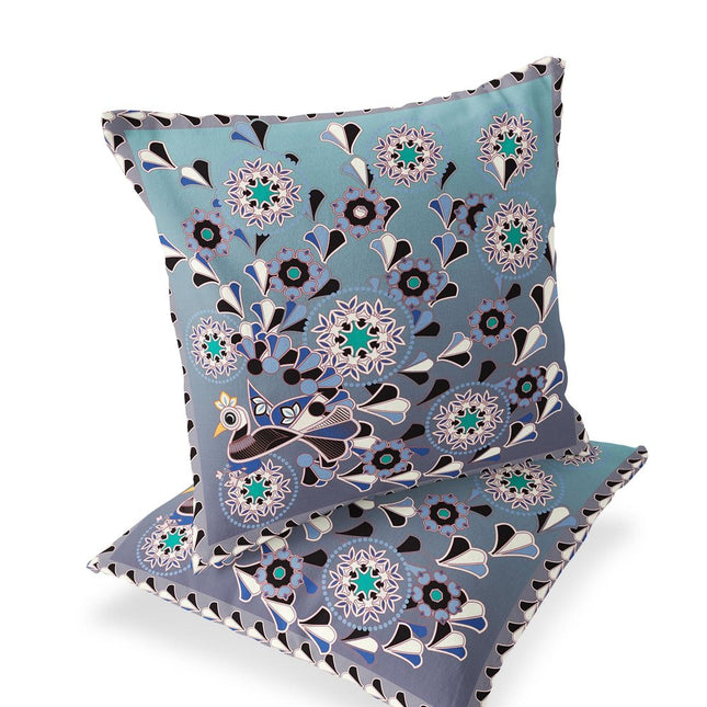 Set of Two Purple Blue And Gray Peacock Floral Indoor Outdoor Throw Pillow