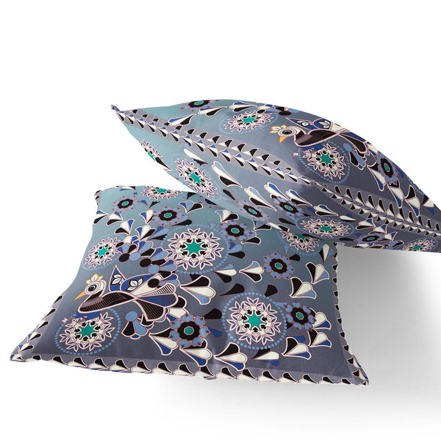 Set of Two Purple Blue And Gray Peacock Floral Indoor Outdoor Throw Pillow