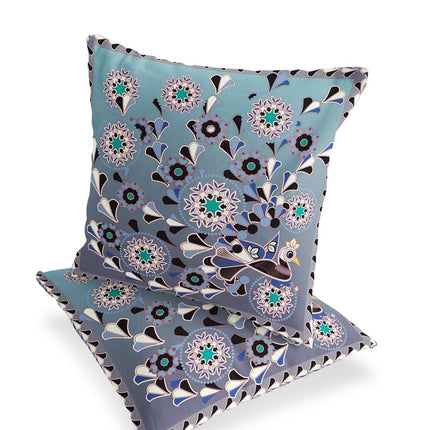 Set of Two Purple Blue And Gray Peacock Floral Indoor Outdoor Throw Pillow HomeRoots