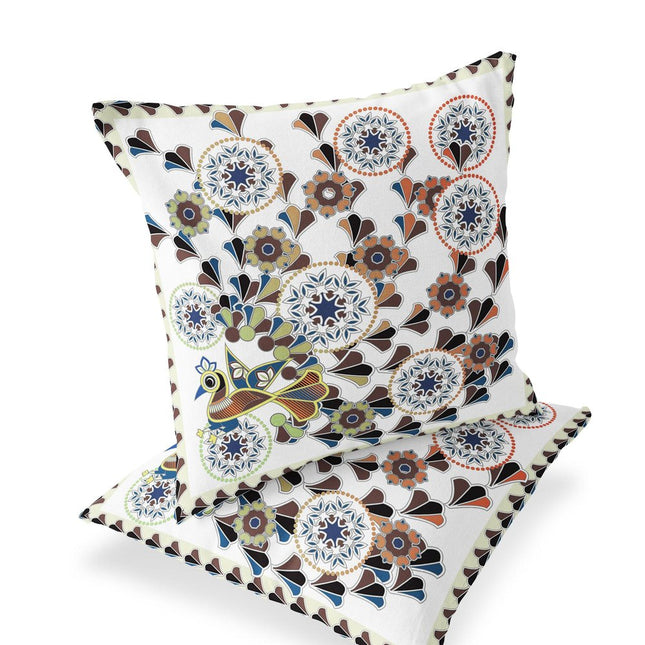 Set of Two Off White Blue And Brown Peacock Floral Indoor Outdoor Throw Pillow