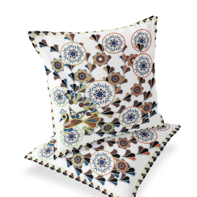 Set of Two Off White Blue And Brown Peacock Floral Indoor Outdoor Throw Pillow HomeRoots