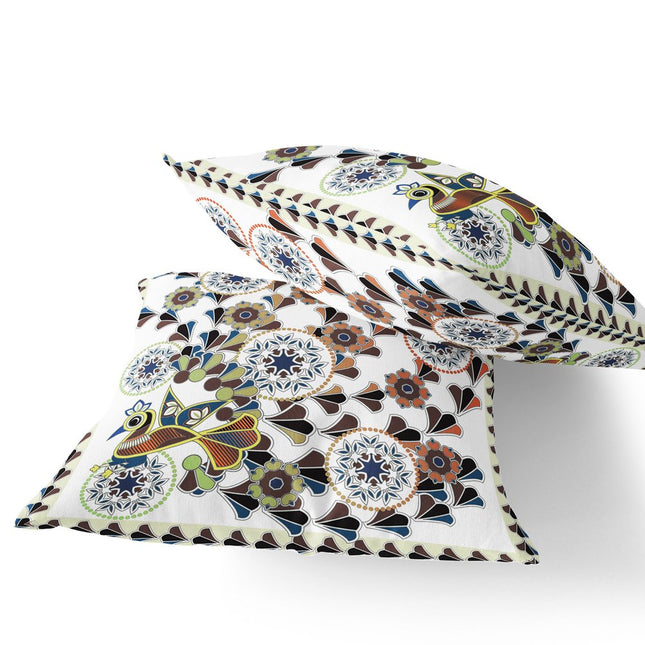 Set of Two Off White Blue And Brown Peacock Floral Indoor Outdoor Throw Pillow