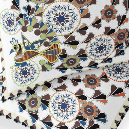 Set of Two Off White Blue And Brown Peacock Floral Indoor Outdoor Throw Pillow