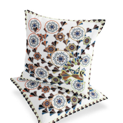 Set of Two Off White Blue And Brown Peacock Floral Indoor Outdoor Throw Pillow