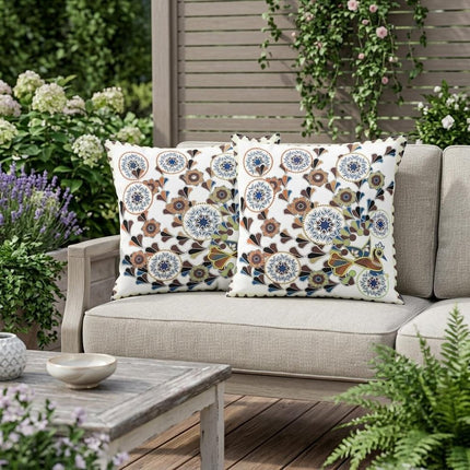 Set of Two Off White Blue And Brown Peacock Floral Indoor Outdoor Throw Pillow HomeRoots