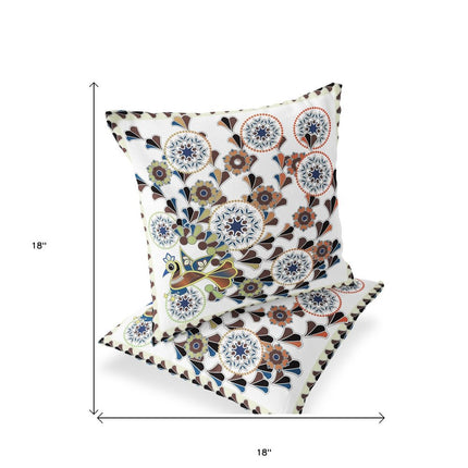 Set of Two Off White Blue And Brown Peacock Floral Indoor Outdoor Throw Pillow HomeRoots