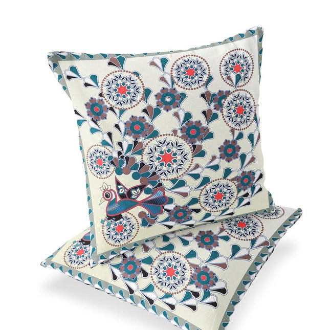 Set of Two Off White And Brown Peacock Floral Indoor Outdoor Throw Pillow