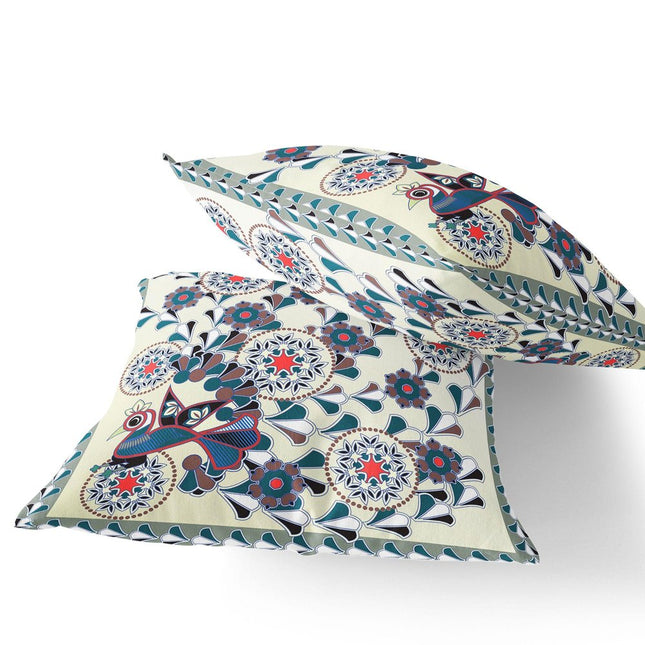 Set of Two Off White And Brown Peacock Floral Indoor Outdoor Throw Pillow