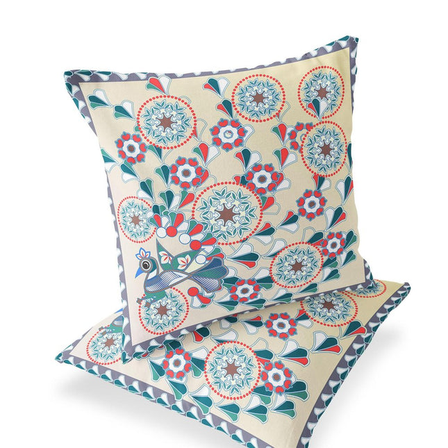 Set of Two Off White Red And Green Peacock Floral Indoor Outdoor Throw Pillow