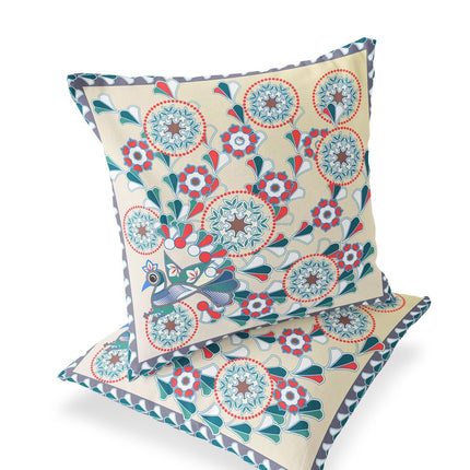 Set of Two Off White Red And Green Peacock Floral Indoor Outdoor Throw Pillow HomeRoots