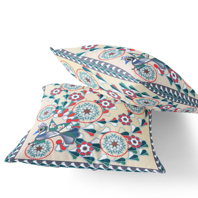 Set of Two Off White Red And Green Peacock Floral Indoor Outdoor Throw Pillow