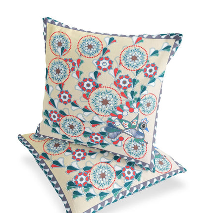 Set of Two Off White Red And Green Peacock Floral Indoor Outdoor Throw Pillow HomeRoots