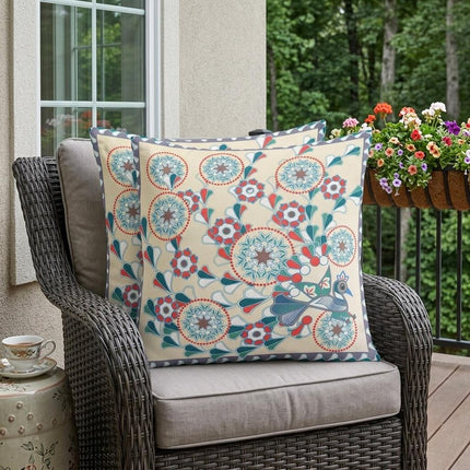 Set of Two Off White Red And Green Peacock Floral Indoor Outdoor Throw Pillow