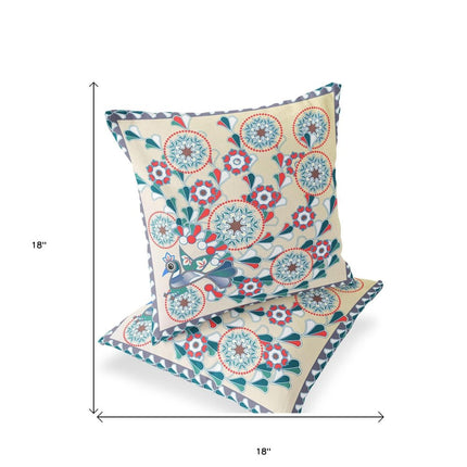 Set of Two Off White Red And Green Peacock Floral Indoor Outdoor Throw Pillow HomeRoots