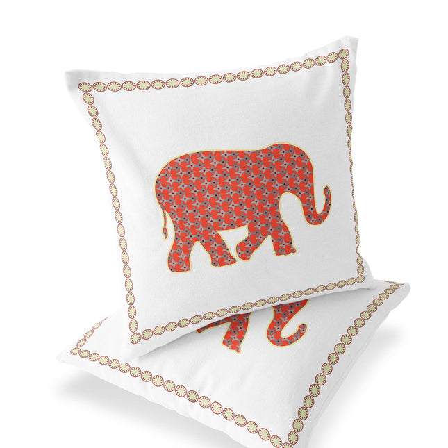 Set of Two Orange And Cream Elephant Indoor Outdoor Throw Pillow