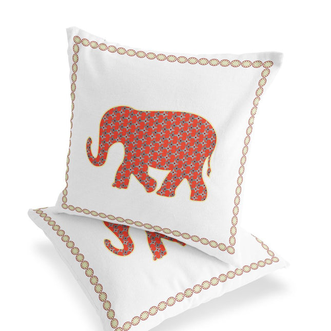 Set of Two Orange And Cream Elephant Indoor Outdoor Throw Pillow