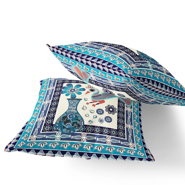 Set of Two Blue Navy Blue And Off White Peacock Indoor Outdoor Throw Pillow