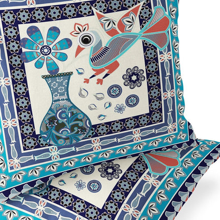 Set of Two Blue Navy Blue And Off White Peacock Indoor Outdoor Throw Pillow