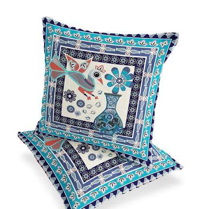 Set of Two Blue Navy Blue And Off White Peacock Indoor Outdoor Throw Pillow