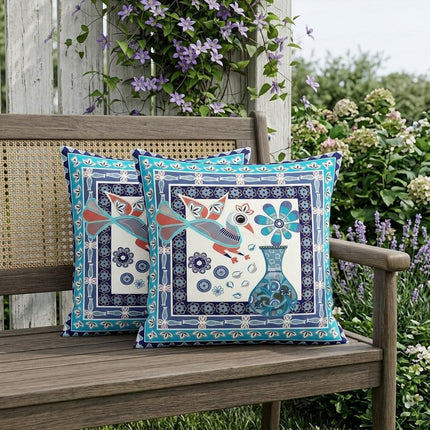 Set of Two Blue Navy Blue And Off White Peacock Indoor Outdoor Throw Pillow