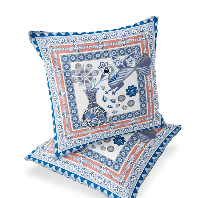 Set of Two Blue Peach And Gray Peacock Indoor Outdoor Throw Pillow