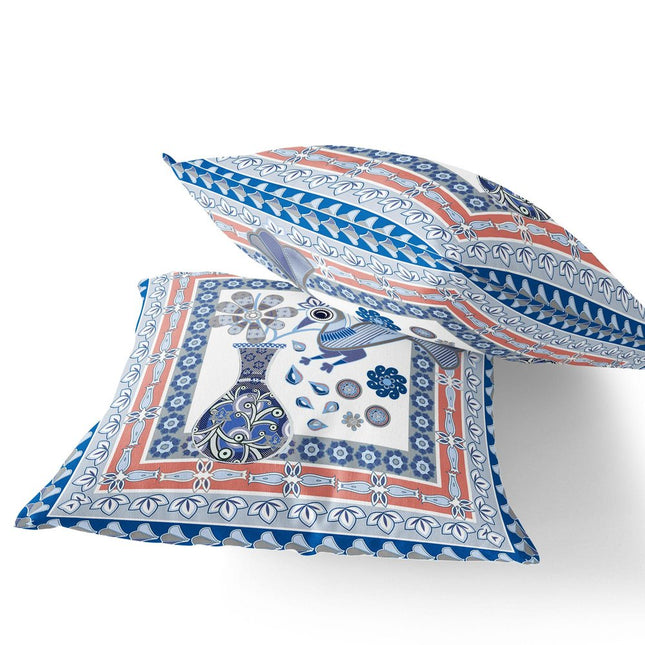 Set of Two Blue Peach And Gray Peacock Indoor Outdoor Throw Pillow