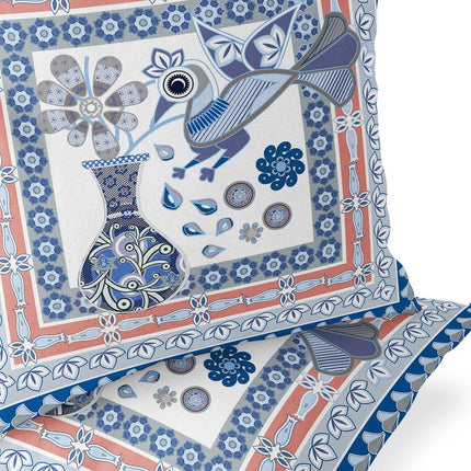 Set of Two Blue Peach And Gray Peacock Indoor Outdoor Throw Pillow