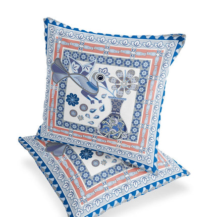 Set of Two Blue Peach And Gray Peacock Indoor Outdoor Throw Pillow HomeRoots