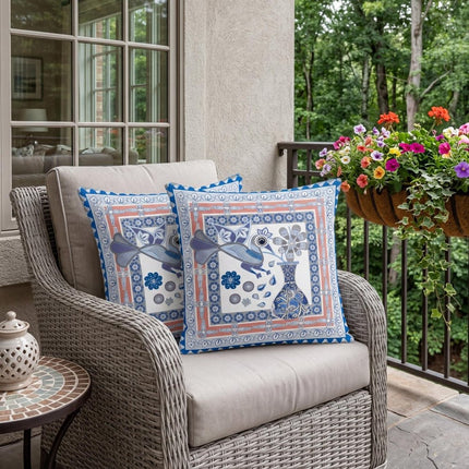 Set of Two Blue Peach And Gray Peacock Indoor Outdoor Throw Pillow