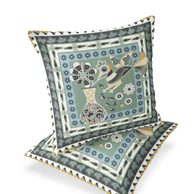 Set of Two Green And Black Peacock Indoor Outdoor Throw Pillow