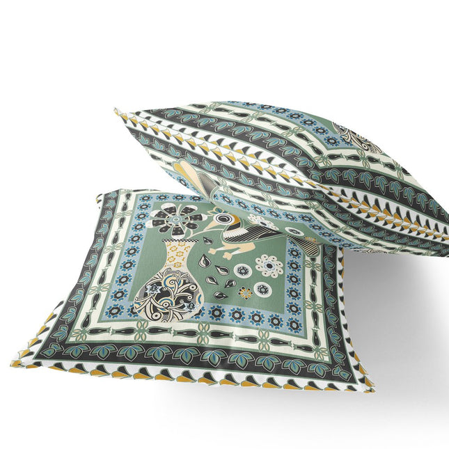 Set of Two Green And Black Peacock Indoor Outdoor Throw Pillow