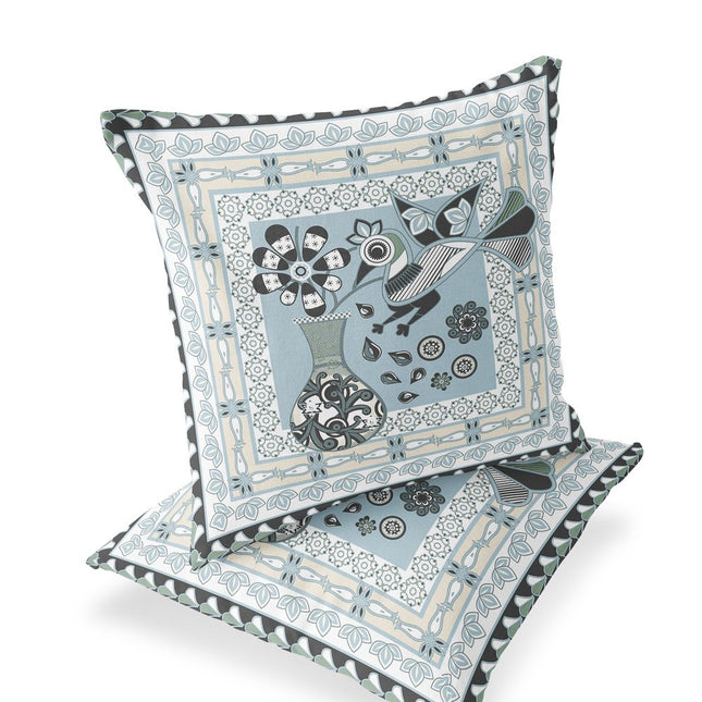 Set of Two Light Blue Black And Cream Peacock Indoor Outdoor Throw Pillow