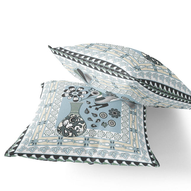 Set of Two Light Blue Black And Cream Peacock Indoor Outdoor Throw Pillow HomeRoots