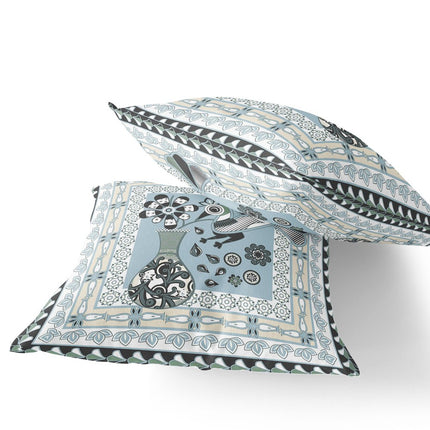 Set of Two Light Blue Black And Cream Peacock Indoor Outdoor Throw Pillow