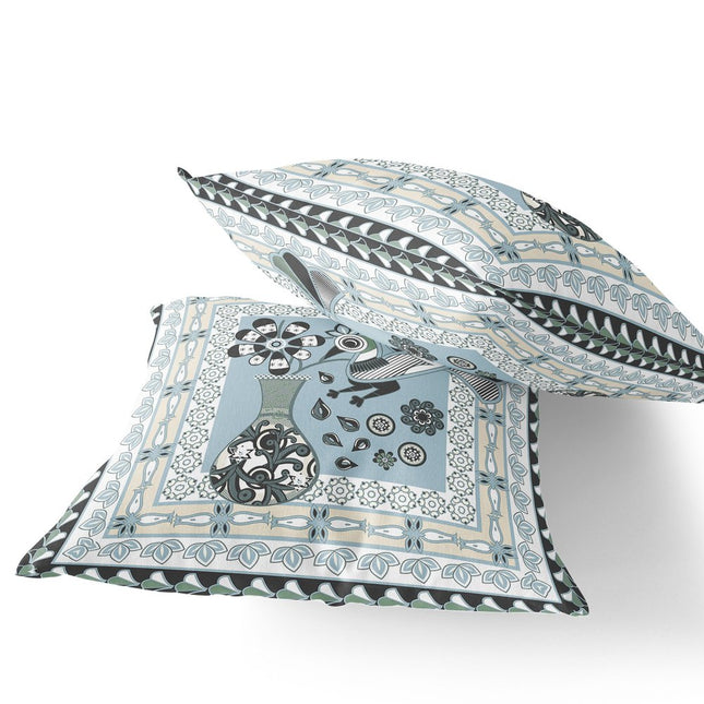 Set of Two Light Blue Black And Cream Peacock Indoor Outdoor Throw Pillow