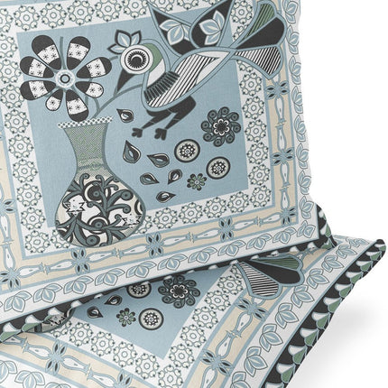 Set of Two Light Blue Black And Cream Peacock Indoor Outdoor Throw Pillow