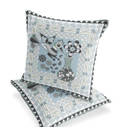 Set of Two Light Blue Black And Cream Peacock Indoor Outdoor Throw Pillow HomeRoots