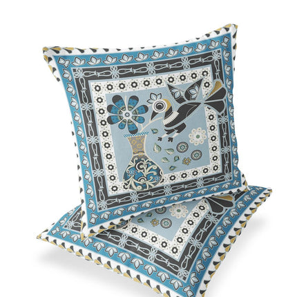 Set of Two Light Blue Black And White Peacock Indoor Outdoor Throw Pillow HomeRoots