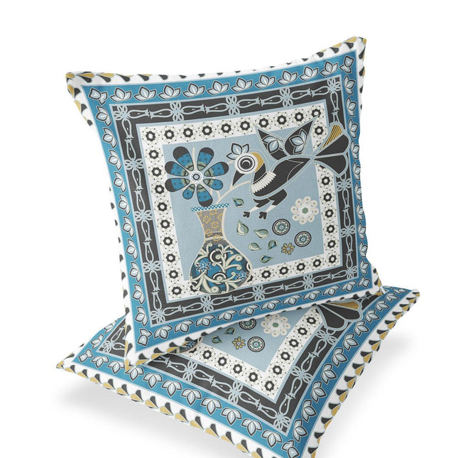 Set of Two Light Blue Black And White Peacock Indoor Outdoor Throw Pillow