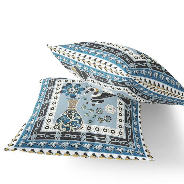 Set of Two Light Blue Black And White Peacock Indoor Outdoor Throw Pillow