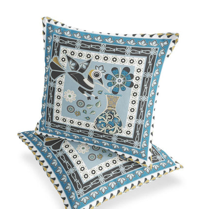 Set of Two Light Blue Black And White Peacock Indoor Outdoor Throw Pillow HomeRoots